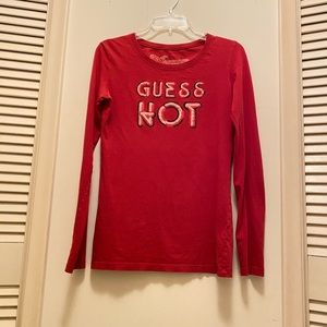 Guess red long sleeve T shirt fits S-M Bust 36’ length 26’ shoulder 16’